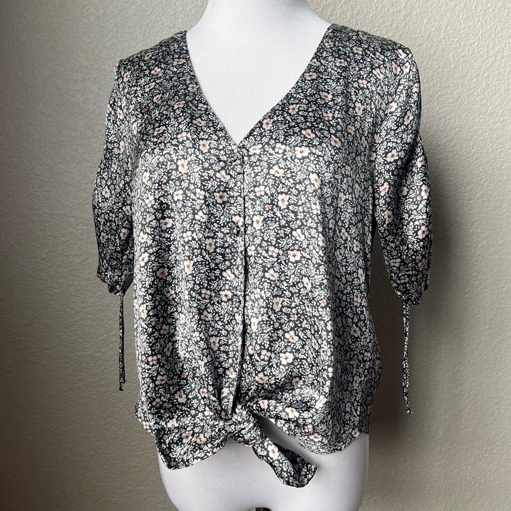 Abercrombie Floral Satin Tie Front Blouse, S